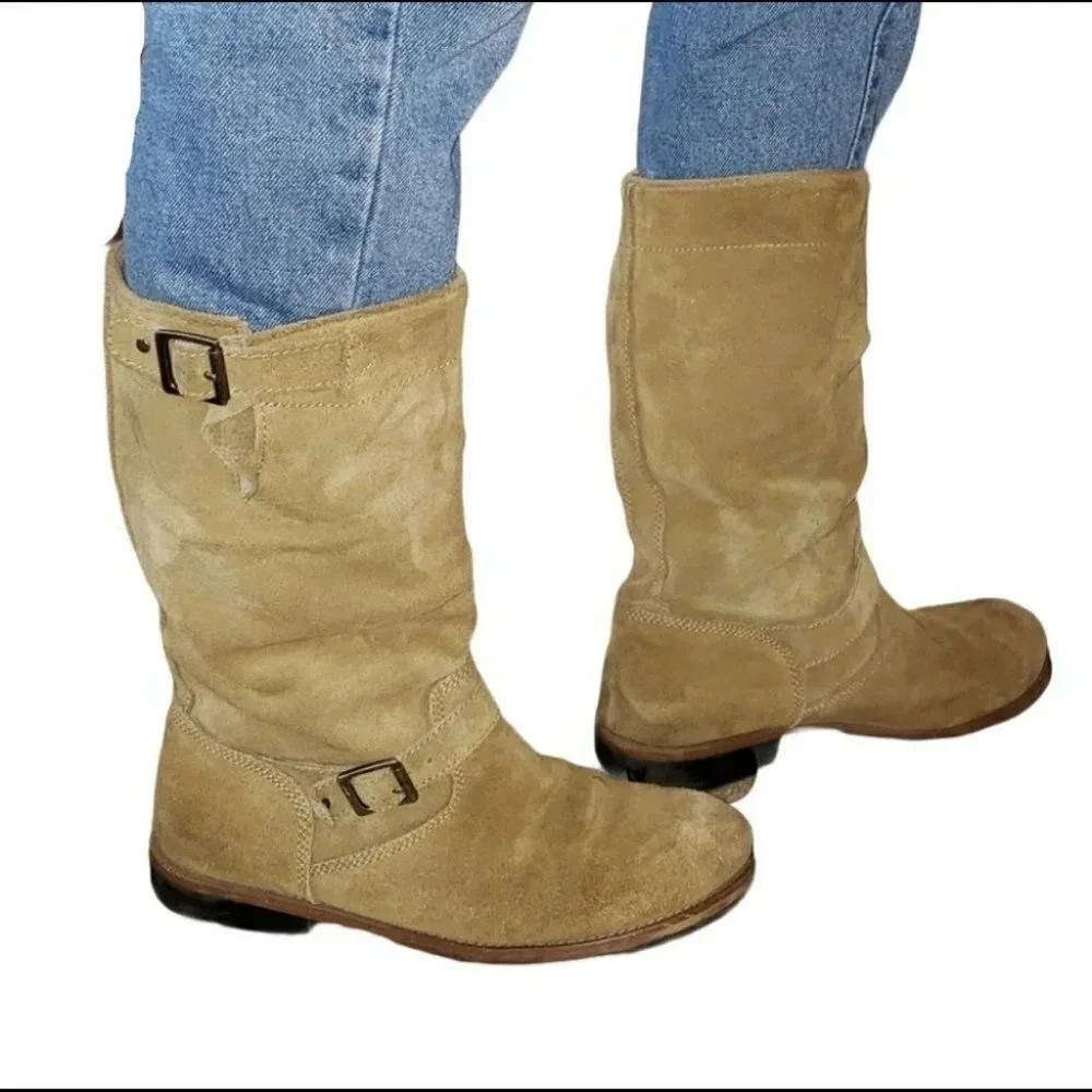 American Eagle Mid-Calf Boots 9 Desert Khaki Suede Leather Moto Buckle 3500-286